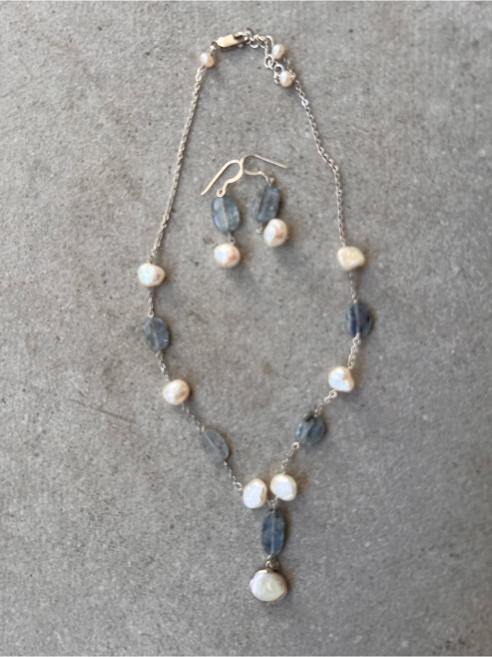 Sterling silver Freshwater Pearl and Blue Gemstone Necklace & Earrings Set